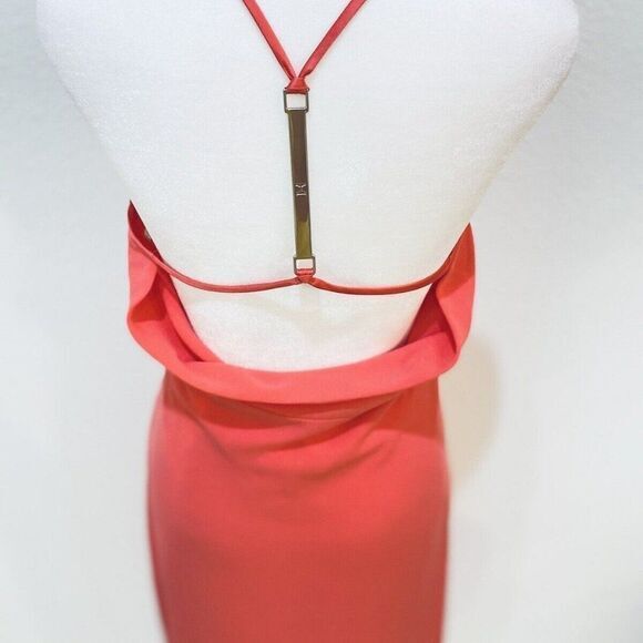 Halston Womens Midi Length Draped‎ Back with Logo Hardware Sz 0 Coral $395 NWT - Picture 6 of 9